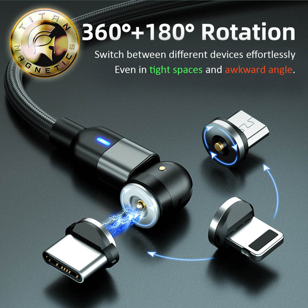 3-in-1 Braided Magnetic Charging Cable – 540° Rotate – For Micro USB, Type C, IPhone – 1m/2m