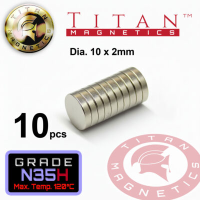 Disc Neodymium N35H Magnets 10mm dia x 2mm 10pcs/pack