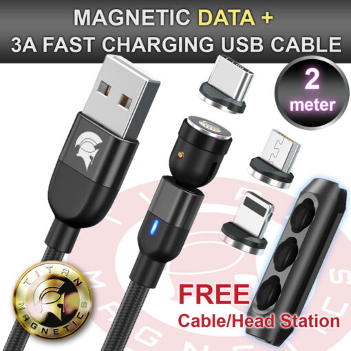 Magnetic USB DATA Cable 3A Fast Charging Lightning Head Black 2meter